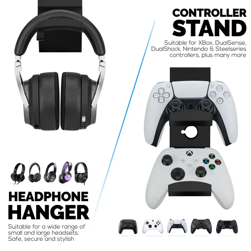 The Grebe - Support pour casque et double manette de jeu - Se fixe sur le côté du bureau, sous le support de casque de bureau, convient à tous les écouteurs et manettes de jeu