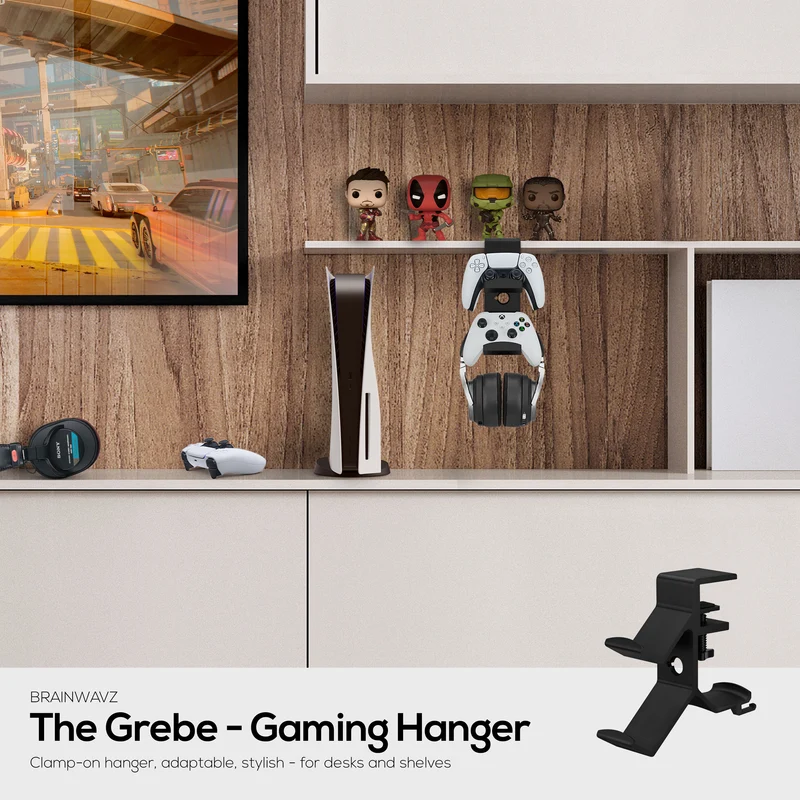 The Grebe - Support pour casque et double manette de jeu - Se fixe sur le côté du bureau, sous le support de casque de bureau, convient à tous les écouteurs et manettes de jeu