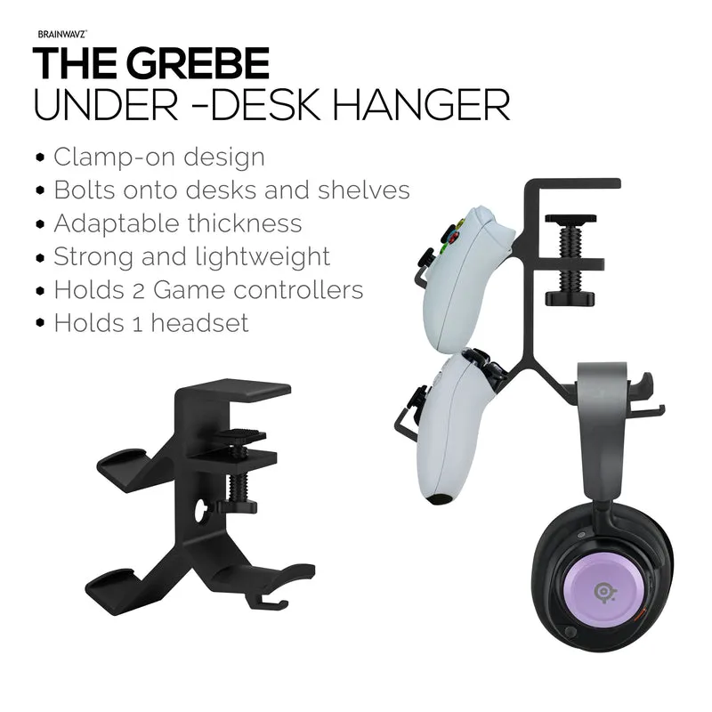 The Grebe - Support pour casque et double manette de jeu - Se fixe sur le côté du bureau, sous le support de casque de bureau, convient à tous les écouteurs et manettes de jeu