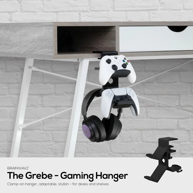 The Grebe - Support pour casque et double manette de jeu - Se fixe sur le côté du bureau, sous le support de casque de bureau, convient à tous les écouteurs et manettes de jeu