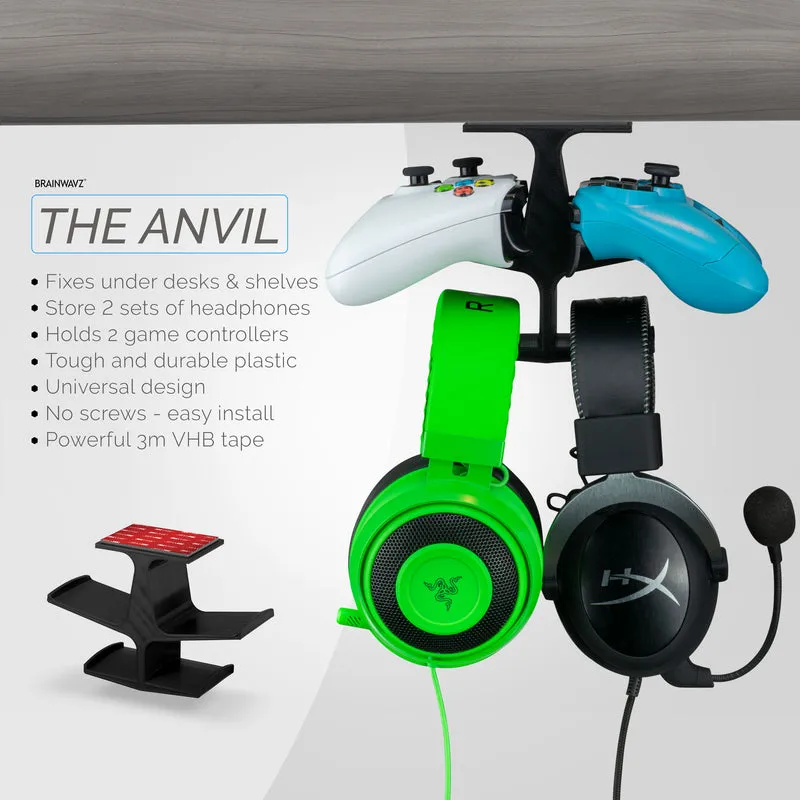 The Anvil - Double contrôleur sous le bureau et support pour casque double - Support adhésif, facile à installer, sans vis