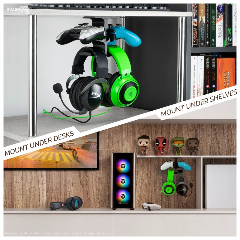 The Anvil - Double contrôleur sous le bureau et support pour casque double - Support adhésif, facile à installer, sans vis