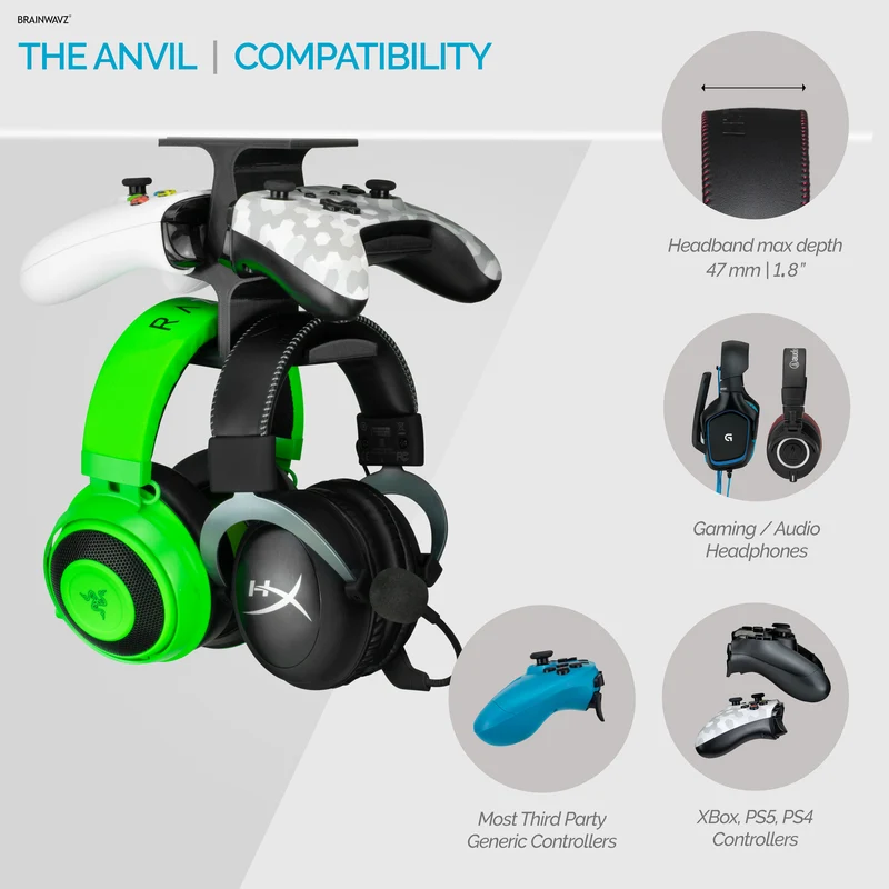 The Anvil - Double contrôleur sous le bureau et support pour casque double - Support adhésif, facile à installer, sans vis