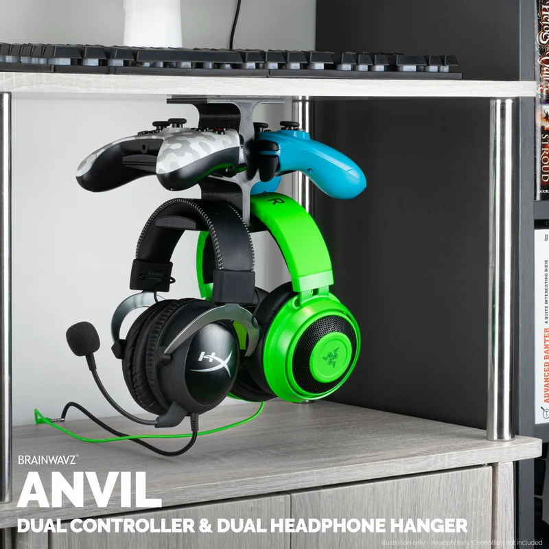 The Anvil - Double contrôleur sous le bureau et support pour casque double - Support adhésif, facile à installer, sans vis