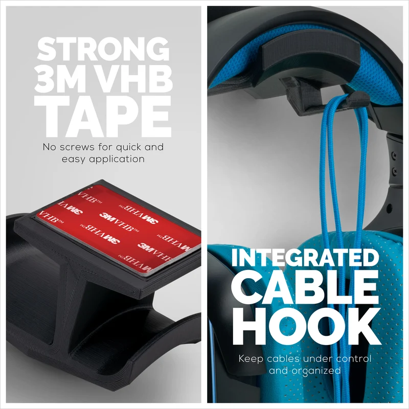 Ultra-J : Support de suspension pour casque sous le bureau avec crochet de câble