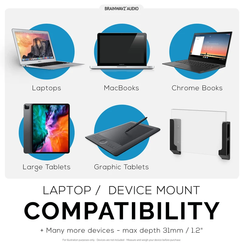 Support mural pour ordinateur portable avec adhésif et vis, 1.2" / 31 mm, pour Macbooks, Surface, claviers, commutateurs, tablettes et plus
