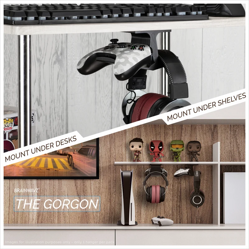 The Gorgon - Support de suspension pour casque et contrôleur de jeu sous le bureau - Convient pour Xbox, PS5/PS4, support adhésif universel, sans vis
