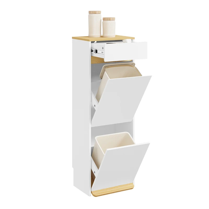 SoBuy FSB112-WN Meuble Poubelle 2 Compartiments avec Pédale et Tiroir – Rangement Blanc Aspect Chêne – 35×25×101,7 cm, Blanc et Chêne