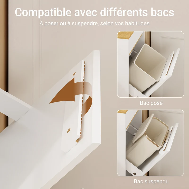 SoBuy FSB112-WN Meuble Poubelle 2 Compartiments avec Pédale et Tiroir – Rangement Blanc Aspect Chêne – 35×25×101,7 cm, Blanc et Chêne