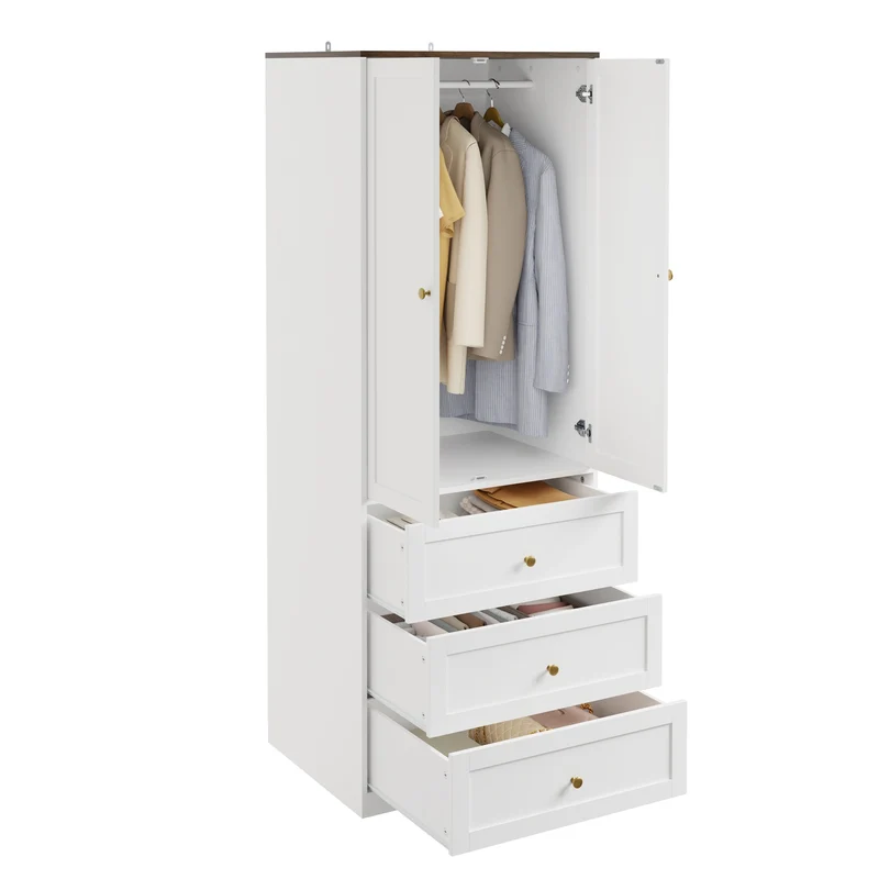 SoBuy KSB04-W Armoire 2 Portes avec 3 Tiroirs et Penderie – Design Moderne Gain de Place – 70×55×187 cm, Blanc et Bois
