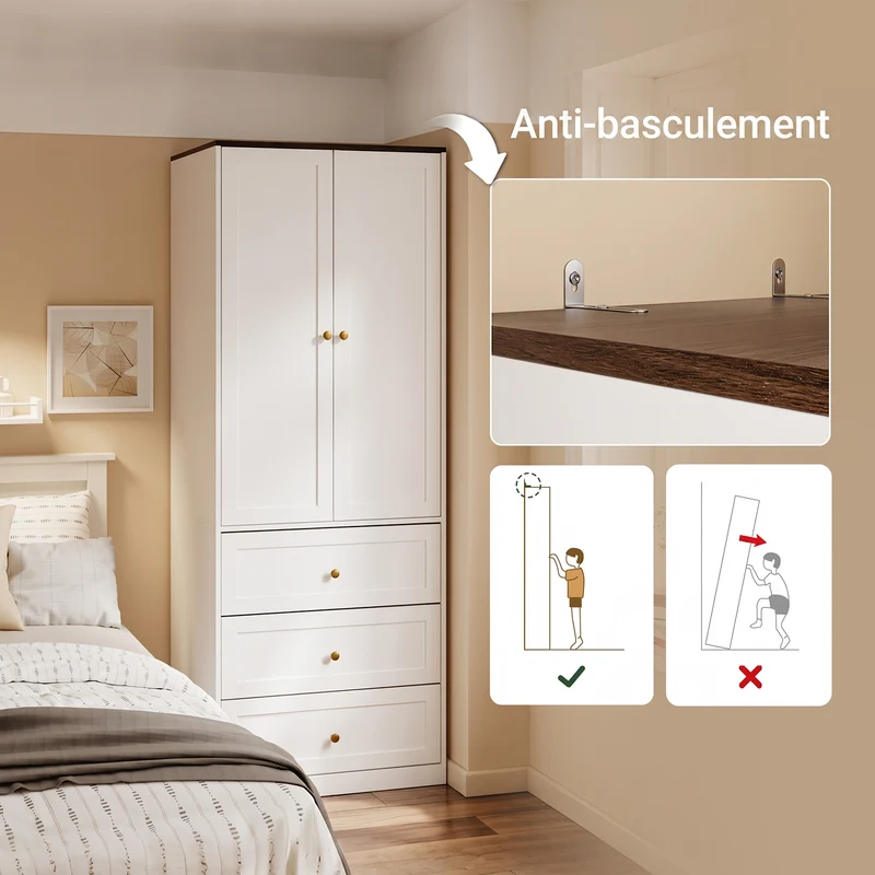 SoBuy KSB04-W Armoire 2 Portes avec 3 Tiroirs et Penderie – Design Moderne Gain de Place – 70×55×187 cm, Blanc et Bois