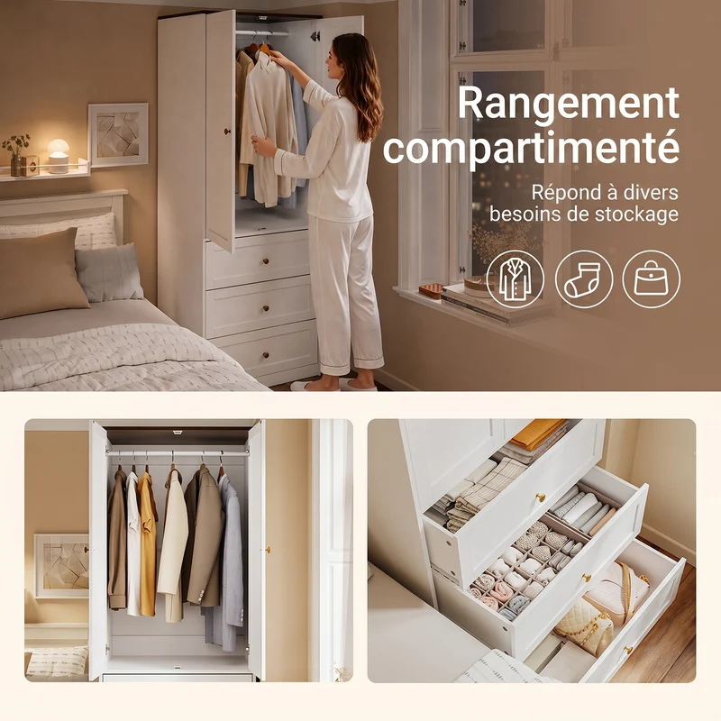 SoBuy KSB04-W Armoire 2 Portes avec 3 Tiroirs et Penderie – Design Moderne Gain de Place – 70×55×187 cm, Blanc et Bois