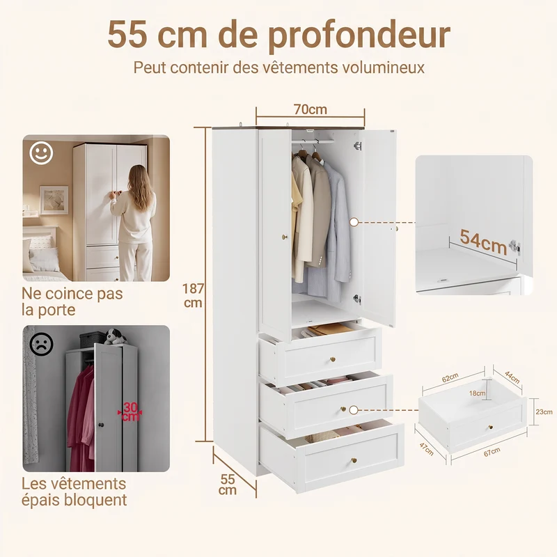 SoBuy KSB04-W Armoire 2 Portes avec 3 Tiroirs et Penderie – Design Moderne Gain de Place – 70×55×187 cm, Blanc et Bois