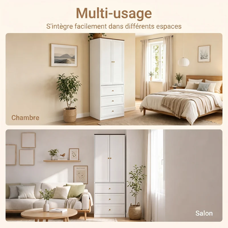 SoBuy KSB04-W Armoire 2 Portes avec 3 Tiroirs et Penderie – Design Moderne Gain de Place – 70×55×187 cm, Blanc et Bois