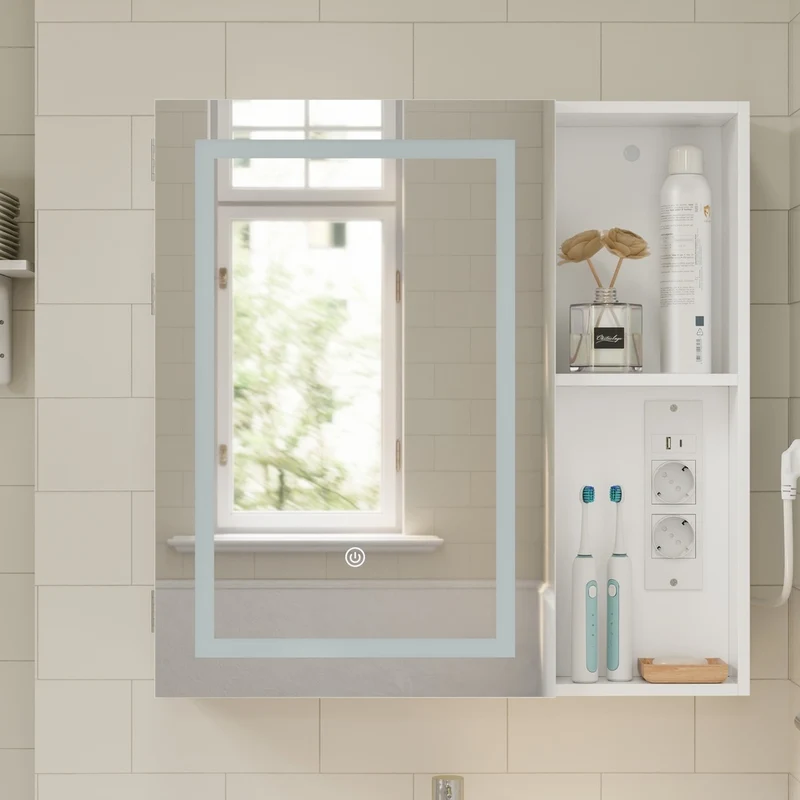 SoBuy BZR239-E-W Armoire Miroir de Salle de Bain avec LED et Prises – Meuble Mural, Étagères – 60×15,5×60 cm, Blanc