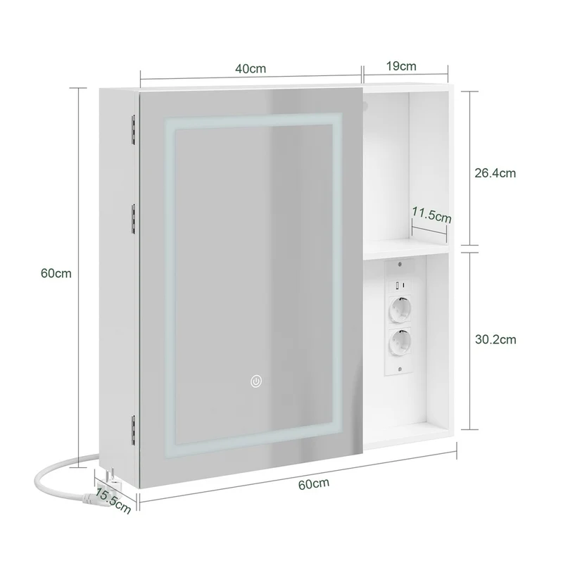 SoBuy BZR239-E-W Armoire Miroir de Salle de Bain avec LED et Prises – Meuble Mural, Étagères – 60×15,5×60 cm, Blanc