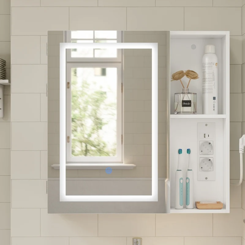 SoBuy BZR239-E-W Armoire Miroir de Salle de Bain avec LED et Prises – Meuble Mural, Étagères – 60×15,5×60 cm, Blanc
