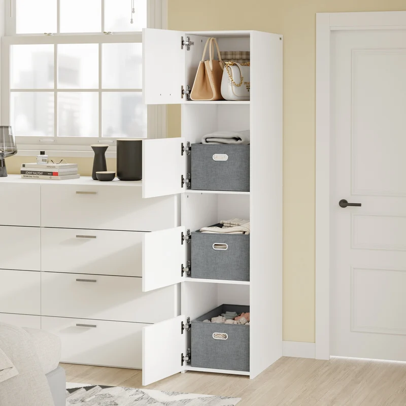 SoBuy BZR232-W Armoire de Rangement 4 Portes pour Buanderie – Compartiments Ouverts et Étagères – 60×40×186,4 cm, Blanc