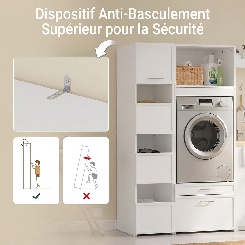 SoBuy BZR232-W Armoire de Rangement 4 Portes pour Buanderie – Compartiments Ouverts et Étagères – 60×40×186,4 cm, Blanc