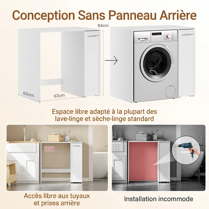 SoBuy BZR229-W Meuble Lave-Linge avec Porte et Tiroir Coulissant – Armoire de Buanderie Encastrable – 90×60×88 cm, Blanc