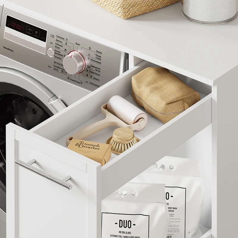 SoBuy BZR229-W Meuble Lave-Linge avec Porte et Tiroir Coulissant – Armoire de Buanderie Encastrable – 90×60×88 cm, Blanc