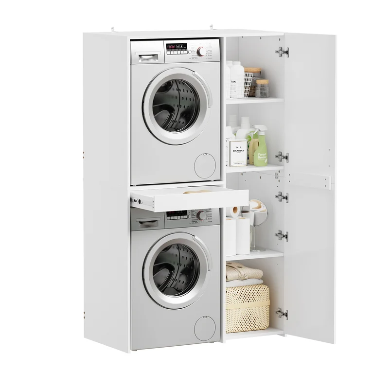 SoBuy BZR231-W Meuble Lave-Linge et Sèche-Linge avec Armoire – Tiroir, Étagères Réglables – 110×60,1×186 cm, Blanc