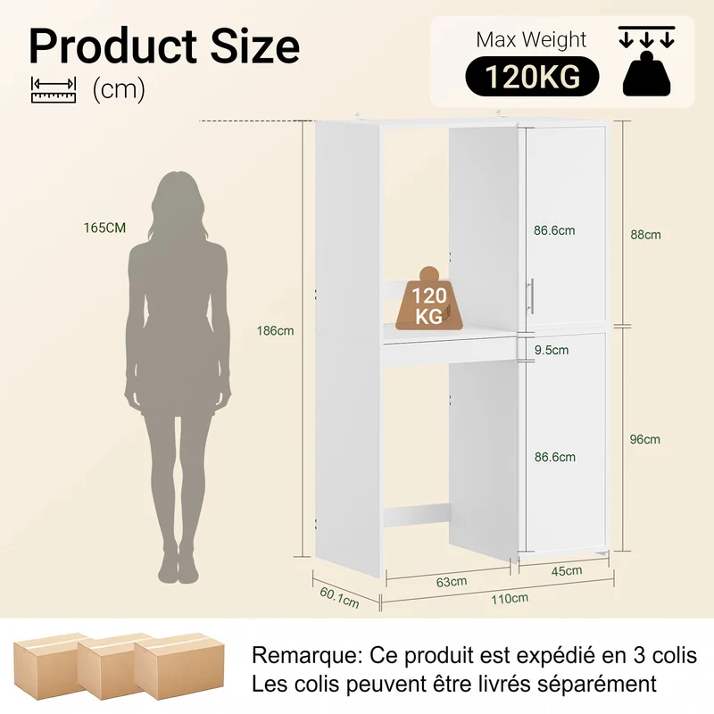 SoBuy BZR231-W Meuble Lave-Linge et Sèche-Linge avec Armoire – Tiroir, Étagères Réglables – 110×60,1×186 cm, Blanc