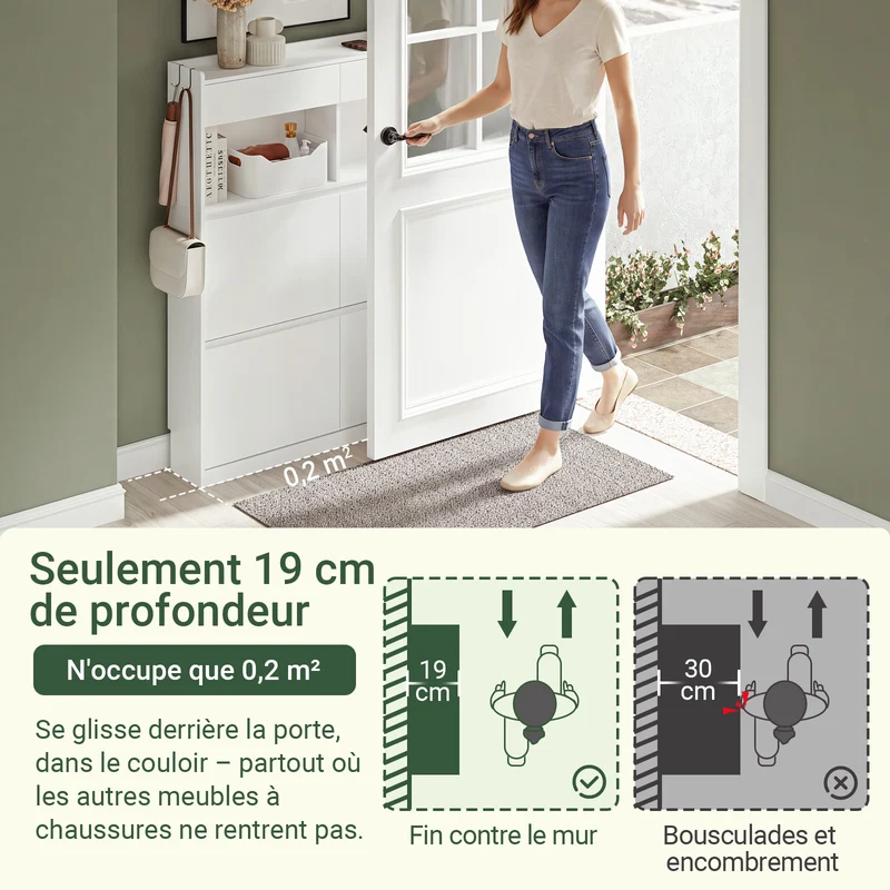 SoBuy FSR224-E-W Meuble à Chaussures Étroit avec LED et 2 Tiroirs – Abattants, 12 Paires – 98×19×120 cm, Blanc