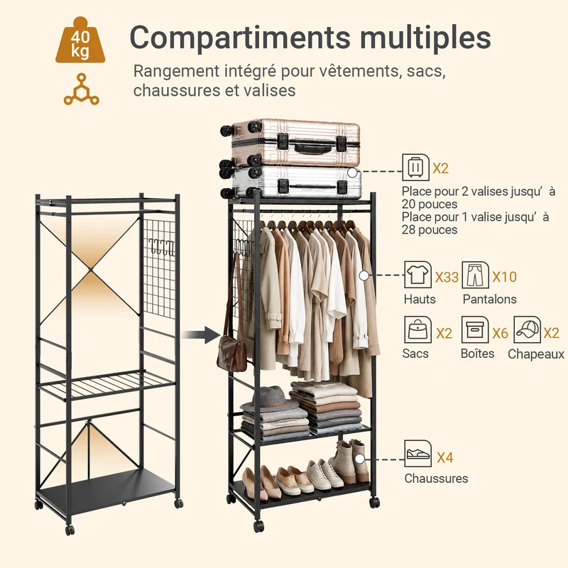 SoBuy KLS22-SCH Vestiaire d'Entrée Industriel avec Étagères Réglables – Métal Noir, Crochets – 70×38×175 cm, Noir