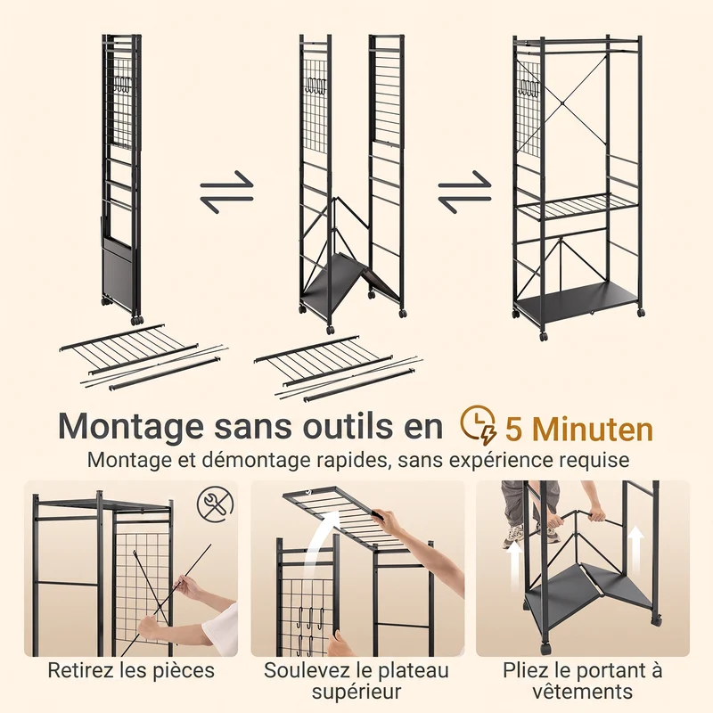 SoBuy KLS22-SCH Vestiaire d'Entrée Industriel avec Étagères Réglables – Métal Noir, Crochets – 70×38×175 cm, Noir