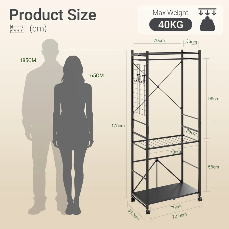 SoBuy KLS22-SCH Vestiaire d'Entrée Industriel avec Étagères Réglables – Métal Noir, Crochets – 70×38×175 cm, Noir
