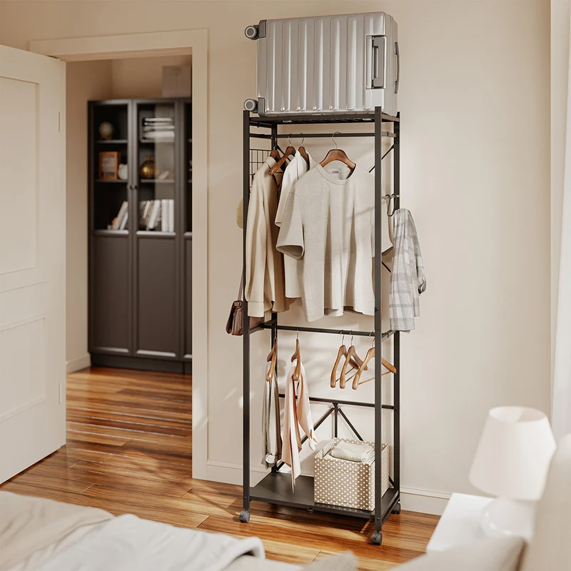 SoBuy KLS21-SCH Vestiaire d'Entrée Industriel sur Roulettes – Crochets et Étagère à Chaussures, Métal Noir – 60×32×175 cm, Noir
