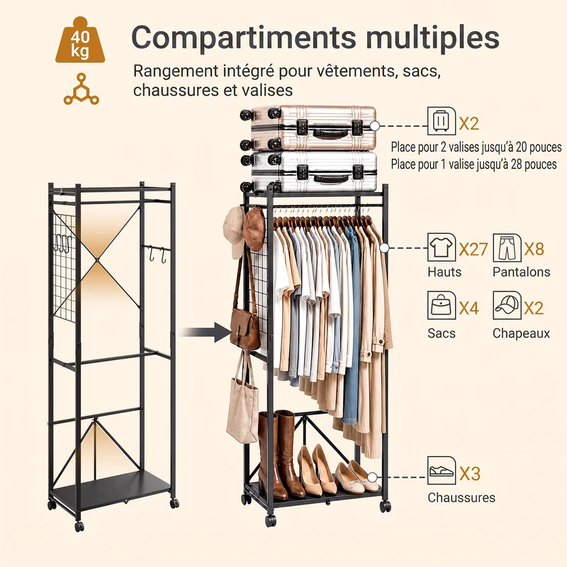SoBuy KLS21-SCH Vestiaire d'Entrée Industriel sur Roulettes – Crochets et Étagère à Chaussures, Métal Noir – 60×32×175 cm, Noir