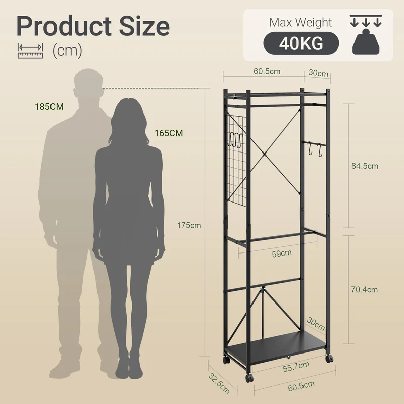 SoBuy KLS21-SCH Vestiaire d'Entrée Industriel sur Roulettes – Crochets et Étagère à Chaussures, Métal Noir – 60×32×175 cm, Noir