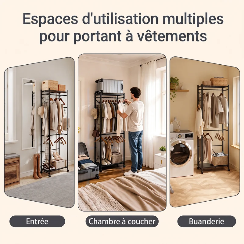 SoBuy KLS21-SCH Vestiaire d'Entrée Industriel sur Roulettes – Crochets et Étagère à Chaussures, Métal Noir – 60×32×175 cm, Noir