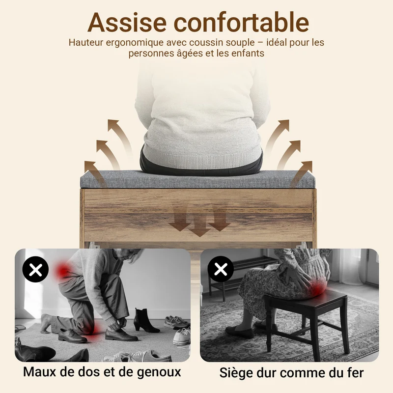 SoBuy FSR218-F Banc à Chaussures avec Coussin Amovible et 1 Abattant – Slim 24 cm, 6-8 Paires, Charge 123 kg – Bois et Gris