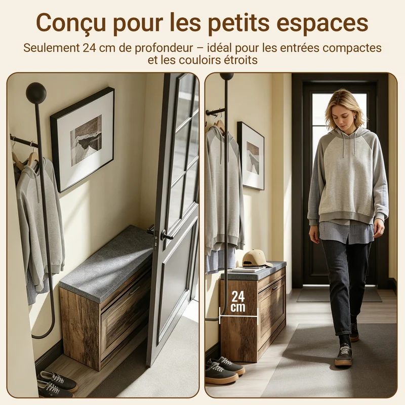 SoBuy FSR218-F Banc à Chaussures avec Coussin Amovible et 1 Abattant – Slim 24 cm, 6-8 Paires, Charge 123 kg – Bois et Gris
