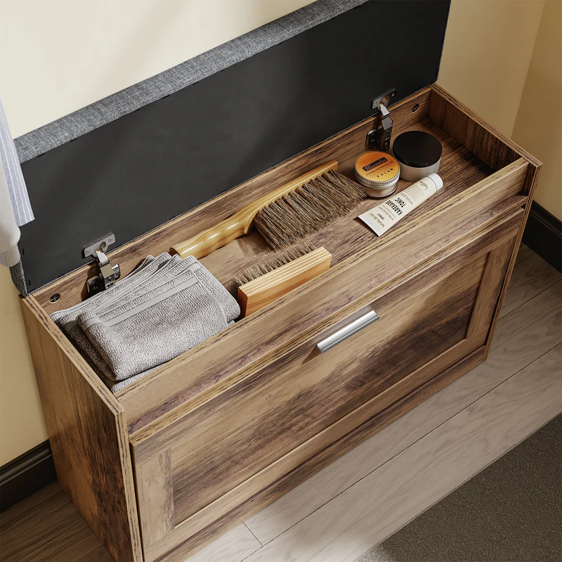SoBuy FSR218-F Banc à Chaussures avec Coussin Amovible et 1 Abattant – Slim 24 cm, 6-8 Paires, Charge 123 kg – Bois et Gris