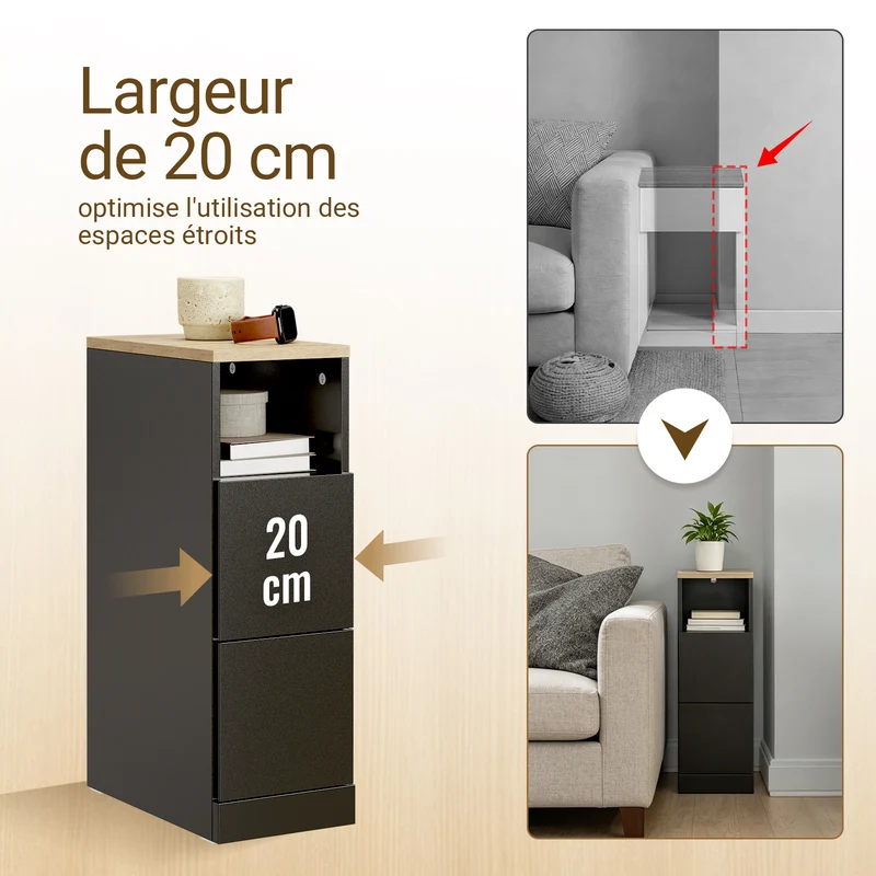 SoBuy FBT149-SCH Table de Chevet Étroite 20 cm, Table d'Appoint Fine avec 2 Tiroirs et Compartiment Ouvert, Chevet de Lit pour Petit Espace, côté canapé ou lit, 20x35x60 cm Noir