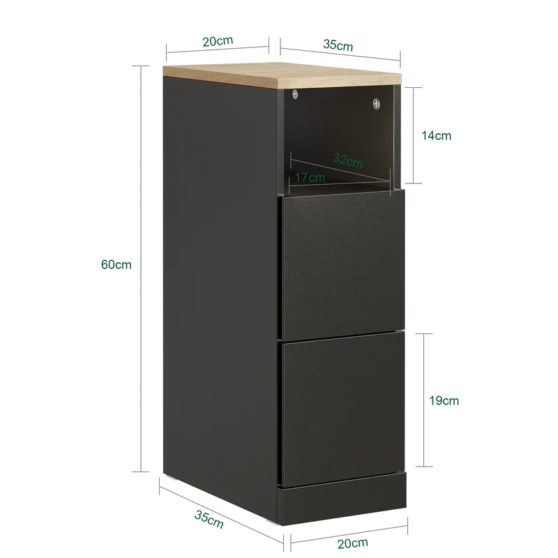 SoBuy FBT149-SCH Table de Chevet Étroite 20 cm, Table d'Appoint Fine avec 2 Tiroirs et Compartiment Ouvert, Chevet de Lit pour Petit Espace, côté canapé ou lit, 20x35x60 cm Noir