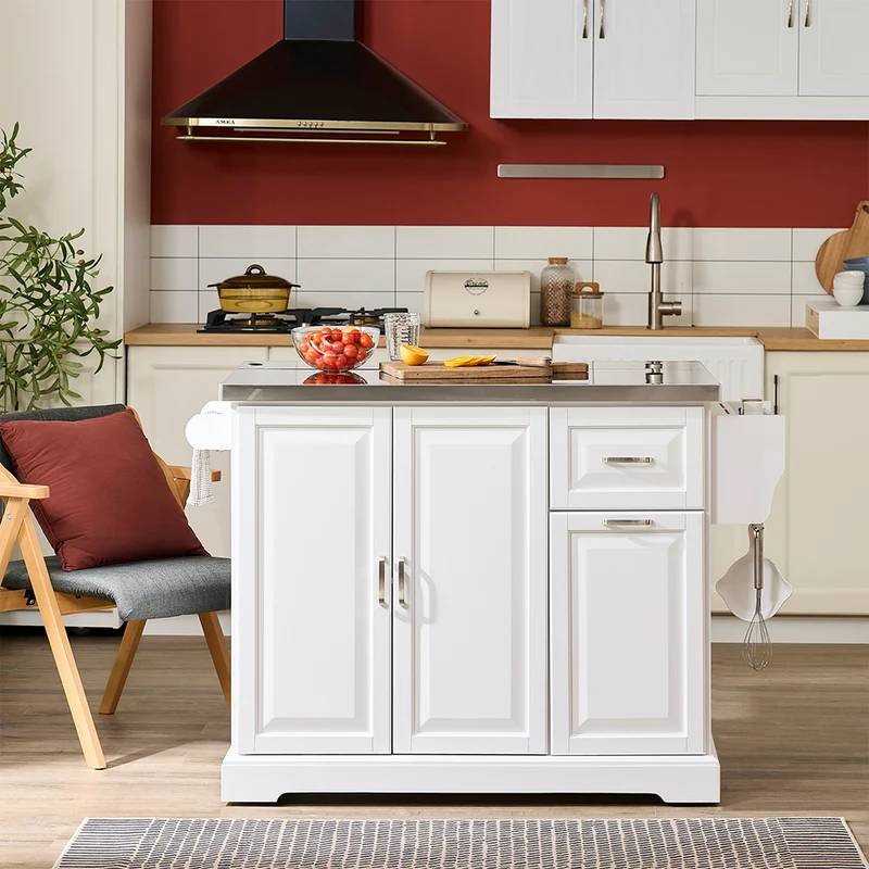 SoBuy FKW128-II-ST Chariot de Cuisine avec Tiroirs et Plan Rabattable – Îlot Pliable, Rangement – 107×71×91 cm, Blanc