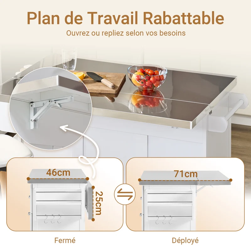 SoBuy FKW128-II-ST Chariot de Cuisine avec Tiroirs et Plan Rabattable – Îlot Pliable, Rangement – 107×71×91 cm, Blanc