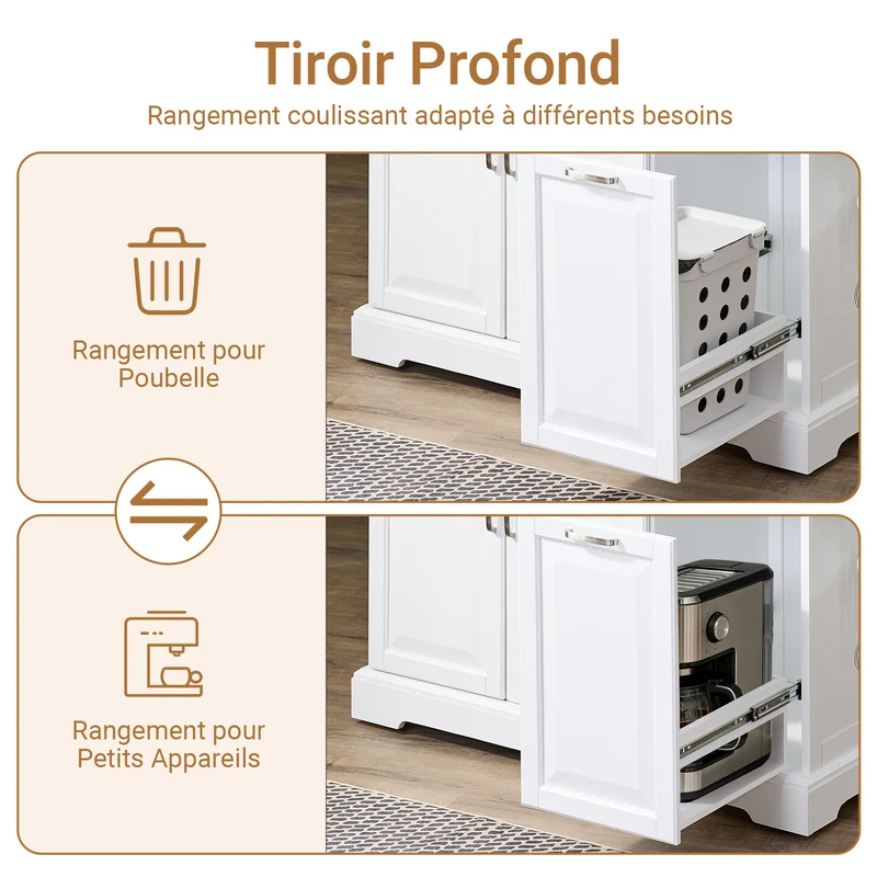 SoBuy FKW128-II-ST Chariot de Cuisine avec Tiroirs et Plan Rabattable – Îlot Pliable, Rangement – 107×71×91 cm, Blanc