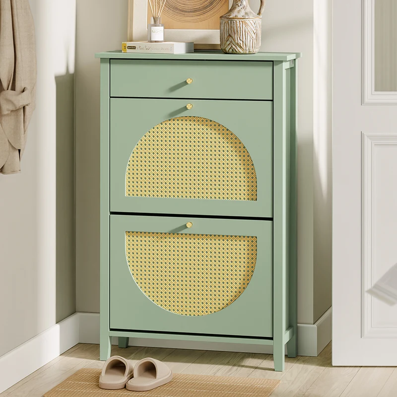 SoBuy FSR223-GR Armoire à Chaussures Cannage 2 Abattants et 1 Tiroir – 12 Paires, Meuble d'Entrée – 62×25×97 cm, Vert
