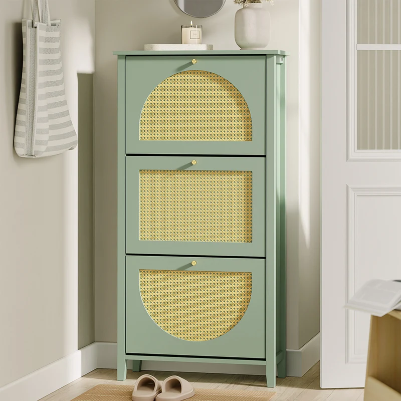 SoBuy FSR222-GR Armoire à Chaussures 3 Abattants en Rotin – 12 à 18 Paires, Style Scandinave – 62×25×121 cm, Vert