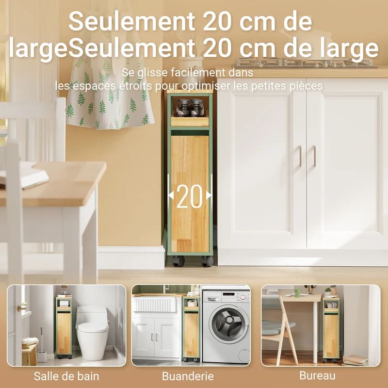 SoBuy NSR14-GR Desserte de Cuisine Étroite sur Roulettes – Porte et Tiroir, Rangement Gain de Place – 50×20×79 cm, Vert et Bois