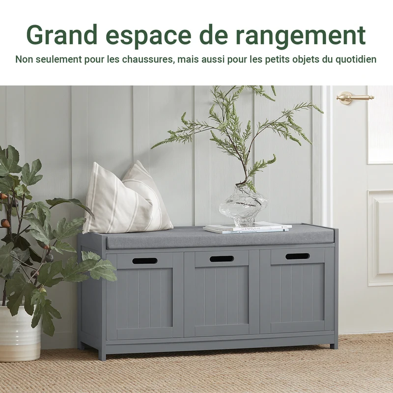 SoBuy FSR80-SG Banc à Chaussures avec Coussin Rembourré, 2 Portes et 1 Cube de Rangement pour Entrée – 90x35x45 cm, Gris Argenté
