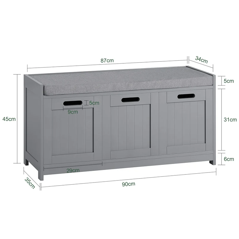 SoBuy FSR80-SG Banc à Chaussures avec Coussin Rembourré, 2 Portes et 1 Cube de Rangement pour Entrée – 90x35x45 cm, Gris Argenté
