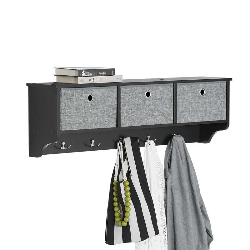 SoBuy FRG282-SCH Porte-Manteau Mural avec 5 Crochets et 3 Paniers, pour Entrée et Couloir, Design Fonctionnel, Usage Quotidien – L100×P20×H30 cm, Bois, Noir