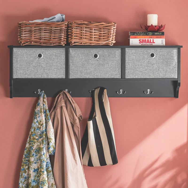 SoBuy FRG282-SCH Porte-Manteau Mural avec 5 Crochets et 3 Paniers, pour Entrée et Couloir, Design Fonctionnel, Usage Quotidien – L100×P20×H30 cm, Bois, Noir